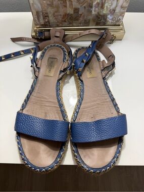Valentino Blue Leather Studded Espadrille Ankle-Strap Sandals